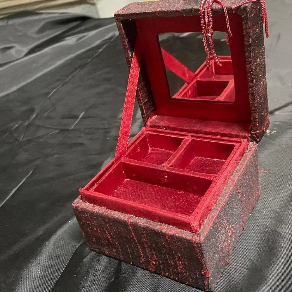 Vintage Red Jewelry Box with bead and tassel 4 x 4 x 3 mirror & removable insert
